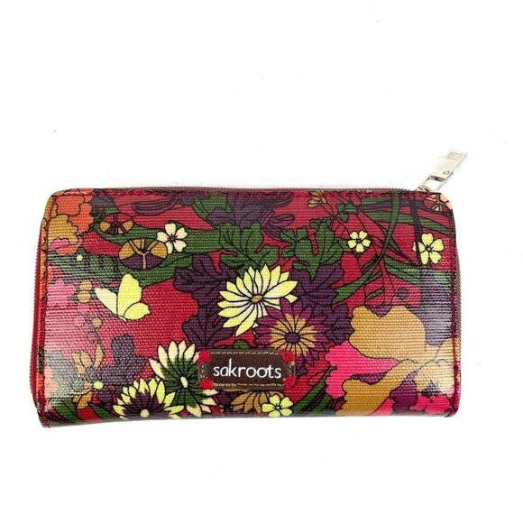 Sakroots Artist Circle Wallet Red Coated Canvas Floral Boho Accordion Zip Around - Picture 1 of 9